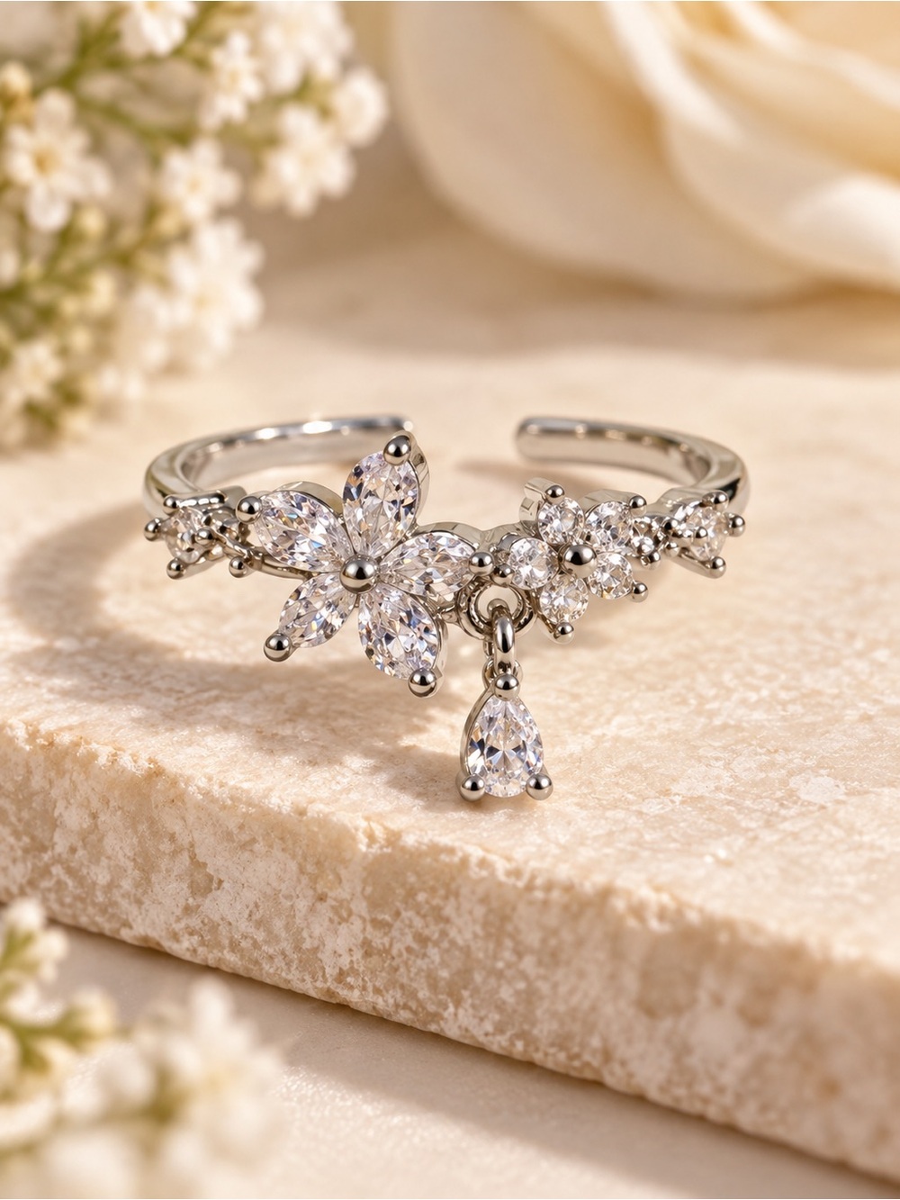 Silver Floral Crystal Open Adjustable Ring Dainty Botanical Statement Jewelry